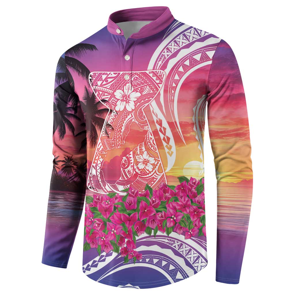 Guam Latte Stone with Map Button Sweatshirt Bougainvillea Beach Sunset