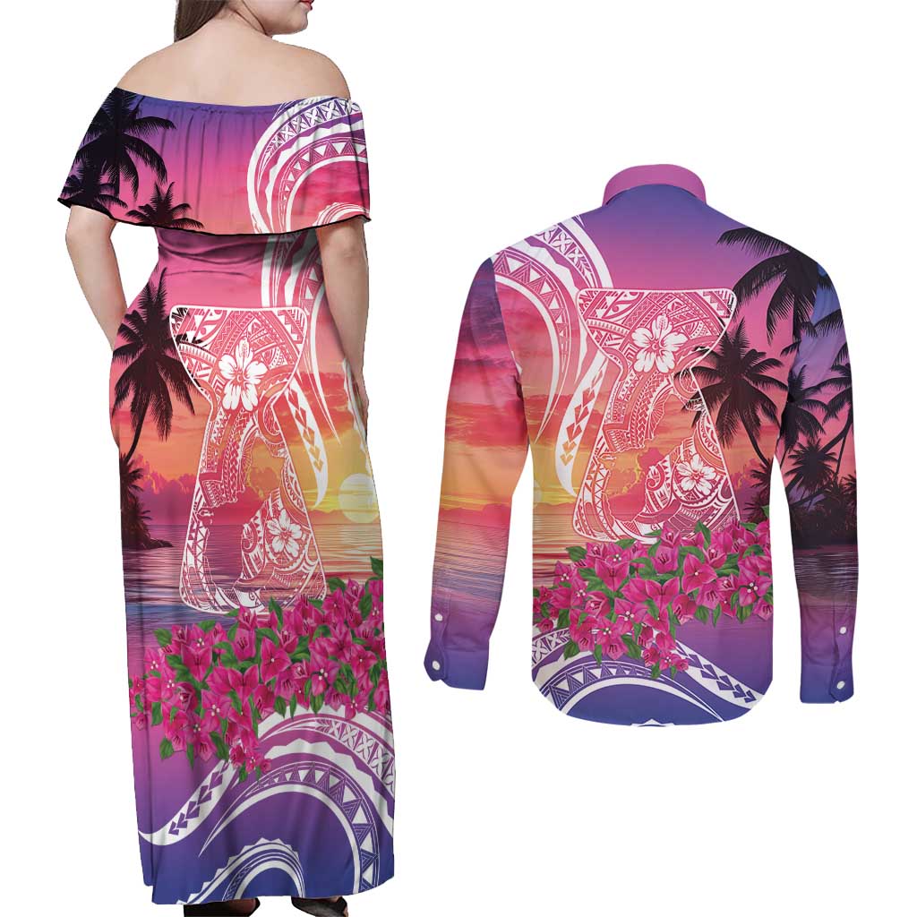 Guam Latte Stone with Map Couples Matching Off Shoulder Maxi Dress and Long Sleeve Button Shirt Bougainvillea Beach Sunset