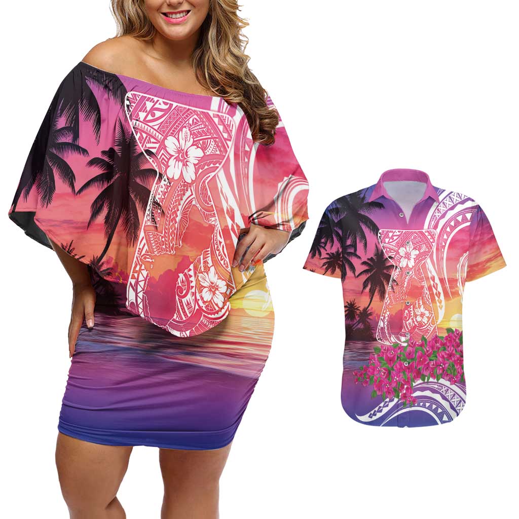 Guam Latte Stone with Map Couples Matching Off Shoulder Short Dress and Hawaiian Shirt Bougainvillea Beach Sunset
