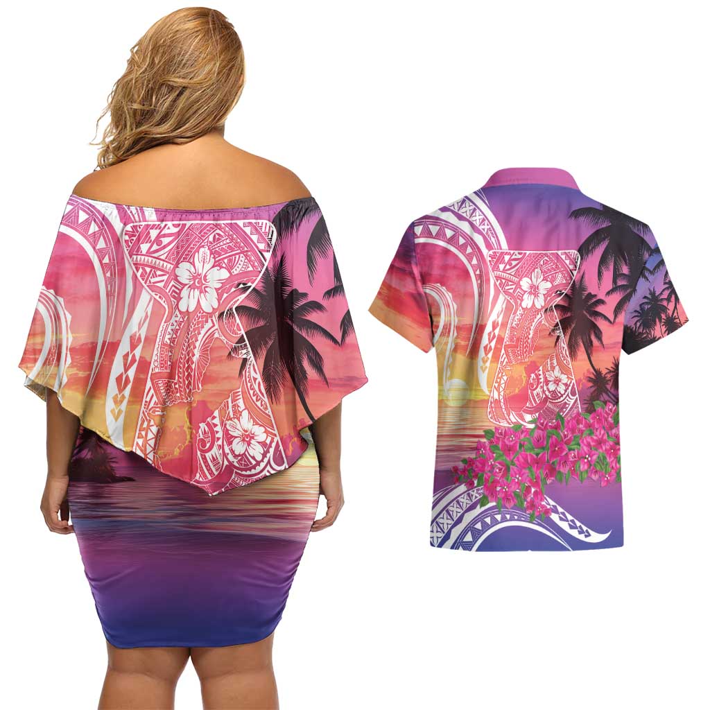 Guam Latte Stone with Map Couples Matching Off Shoulder Short Dress and Hawaiian Shirt Bougainvillea Beach Sunset