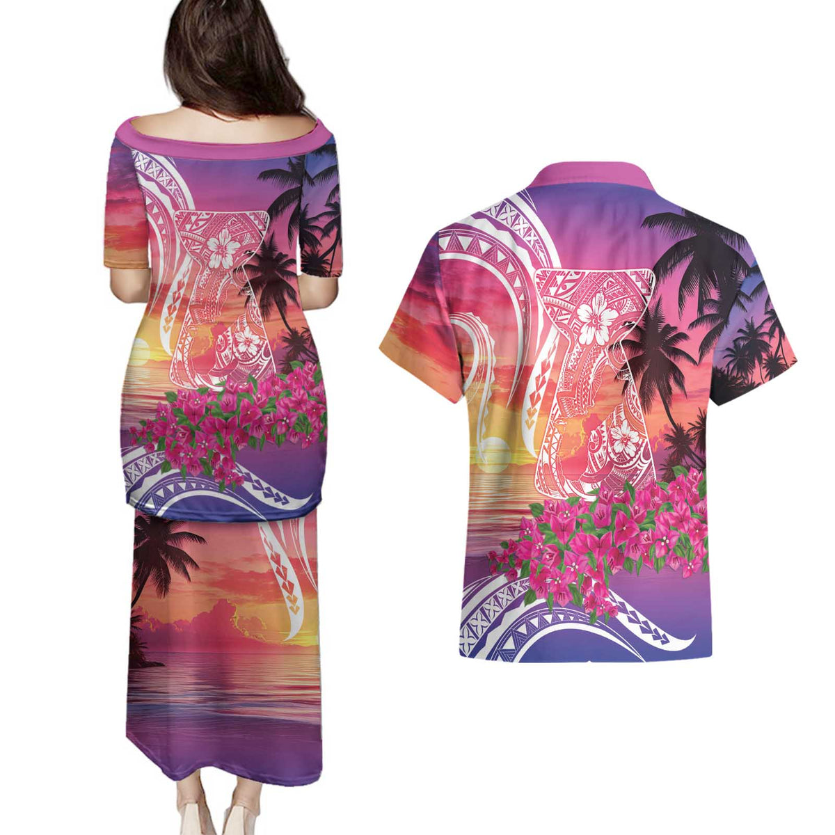 Guam Latte Stone with Map Couples Matching Puletasi and Hawaiian Shirt Bougainvillea Beach Sunset