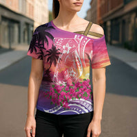 Guam Latte Stone with Map Cross Shoulder Shirt Bougainvillea Beach Sunset - Polynesian Pride