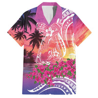 Guam Latte Stone with Map Family Matching Puletasi and Hawaiian Shirt Bougainvillea Beach Sunset