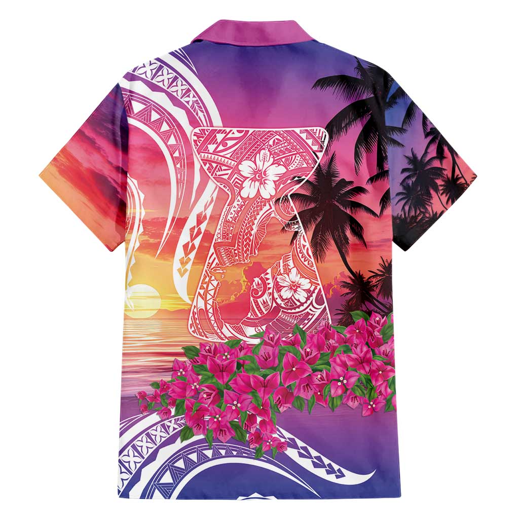Guam Latte Stone with Map Family Matching Short Sleeve Bodycon Dress and Hawaiian Shirt Bougainvillea Beach Sunset