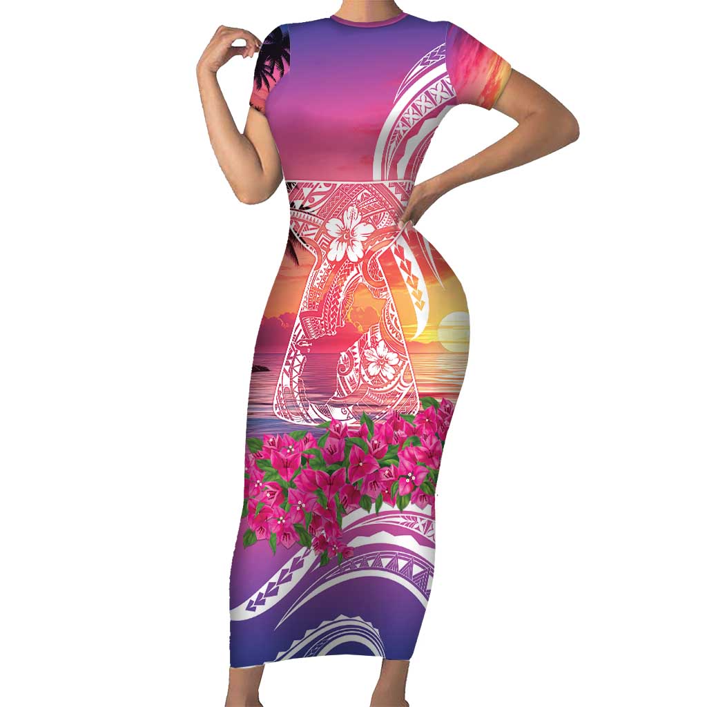 Guam Latte Stone with Map Family Matching Short Sleeve Bodycon Dress and Hawaiian Shirt Bougainvillea Beach Sunset