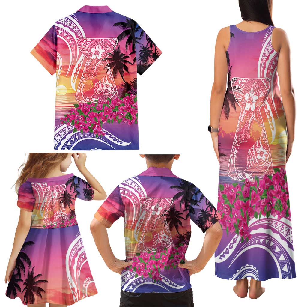 Guam Latte Stone with Map Family Matching Tank Maxi Dress and Hawaiian Shirt Bougainvillea Beach Sunset