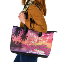 Guam Latte Stone with Map Leather Tote Bag Bougainvillea Beach Sunset