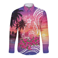 Guam Latte Stone with Map Long Sleeve Button Shirt Bougainvillea Beach Sunset