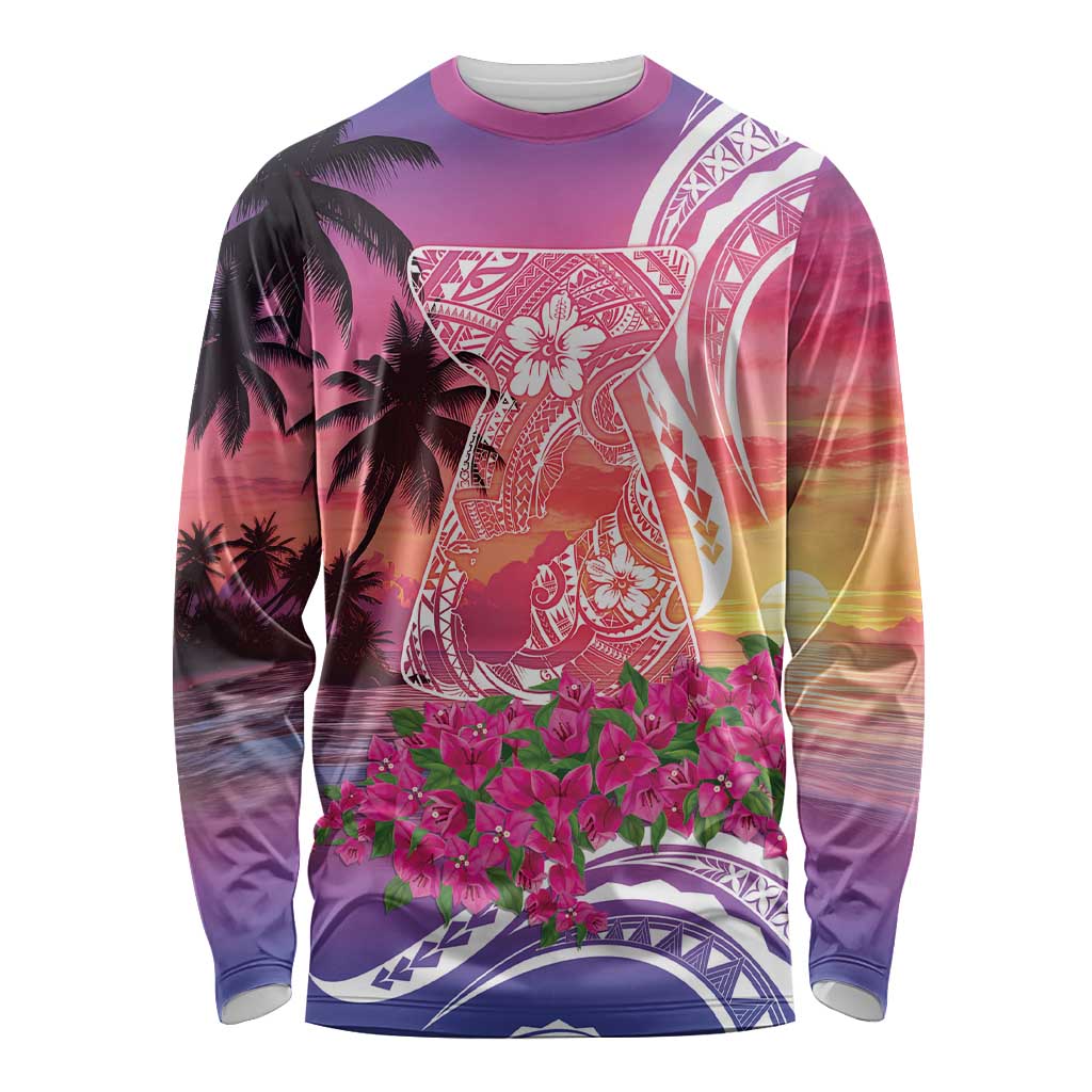 Guam Latte Stone with Map Long Sleeve Shirt Bougainvillea Beach Sunset