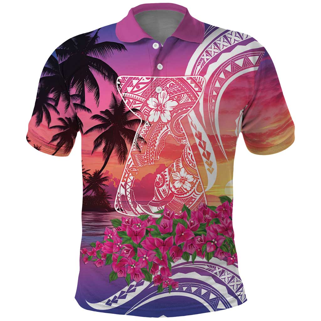 Guam Latte Stone with Map Polo Shirt Bougainvillea Beach Sunset