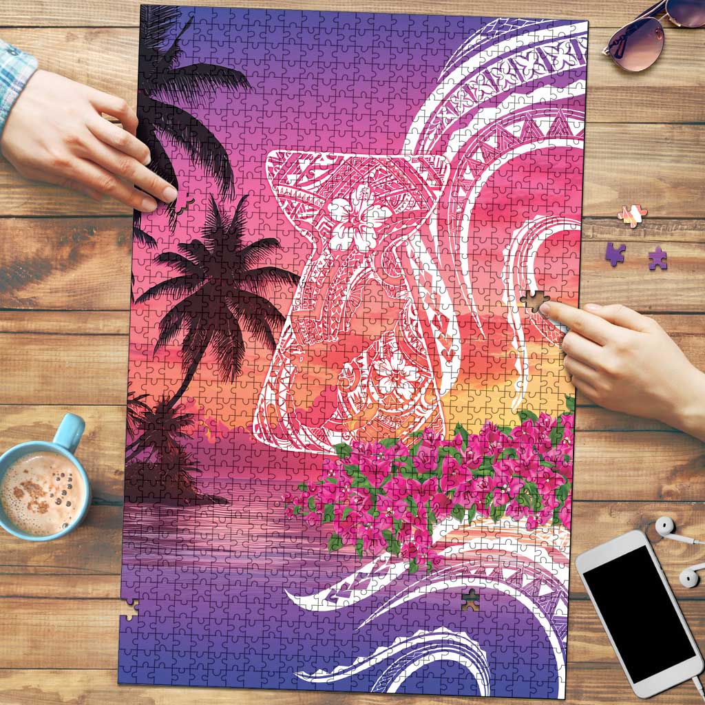 Guam Latte Stone with Map Puzzle Bougainvillea Beach Sunset - Polynesian Pride