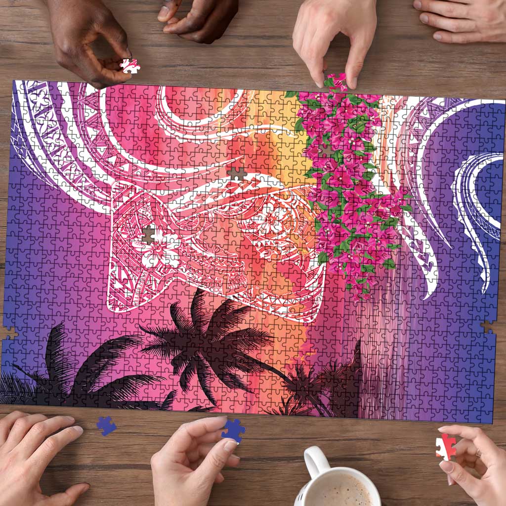 Guam Latte Stone with Map Puzzle Bougainvillea Beach Sunset - Polynesian Pride