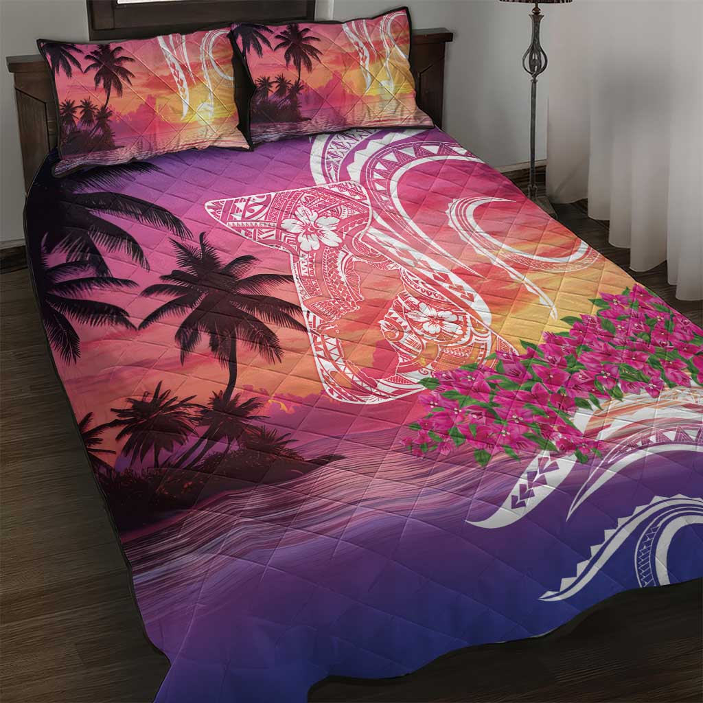 Guam Latte Stone with Map Quilt Bed Set Bougainvillea Beach Sunset