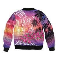 Guam Latte Stone with Map Sleeve Zip Bomber Jacket Bougainvillea Beach Sunset