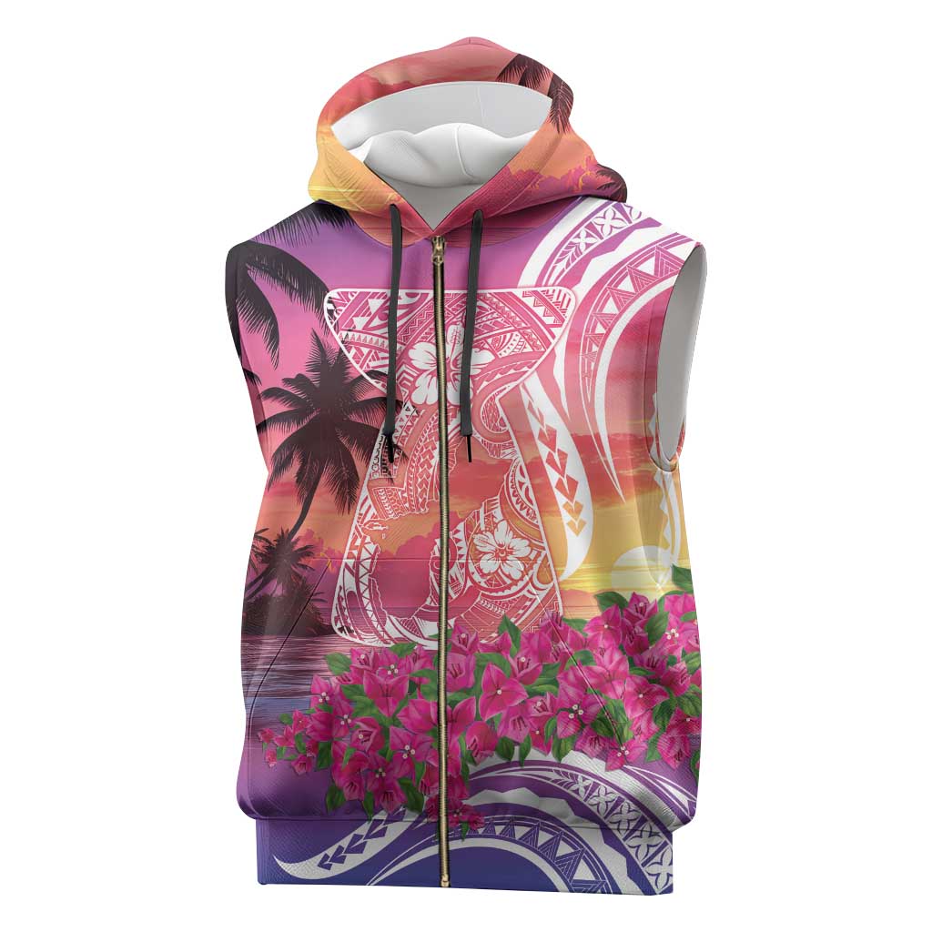 Guam Latte Stone with Map Sleeveless Zip Hoodie Bougainvillea Beach Sunset - Polynesian Pride