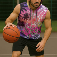 Guam Latte Stone with Map Sleeveless Zip Hoodie Bougainvillea Beach Sunset - Polynesian Pride