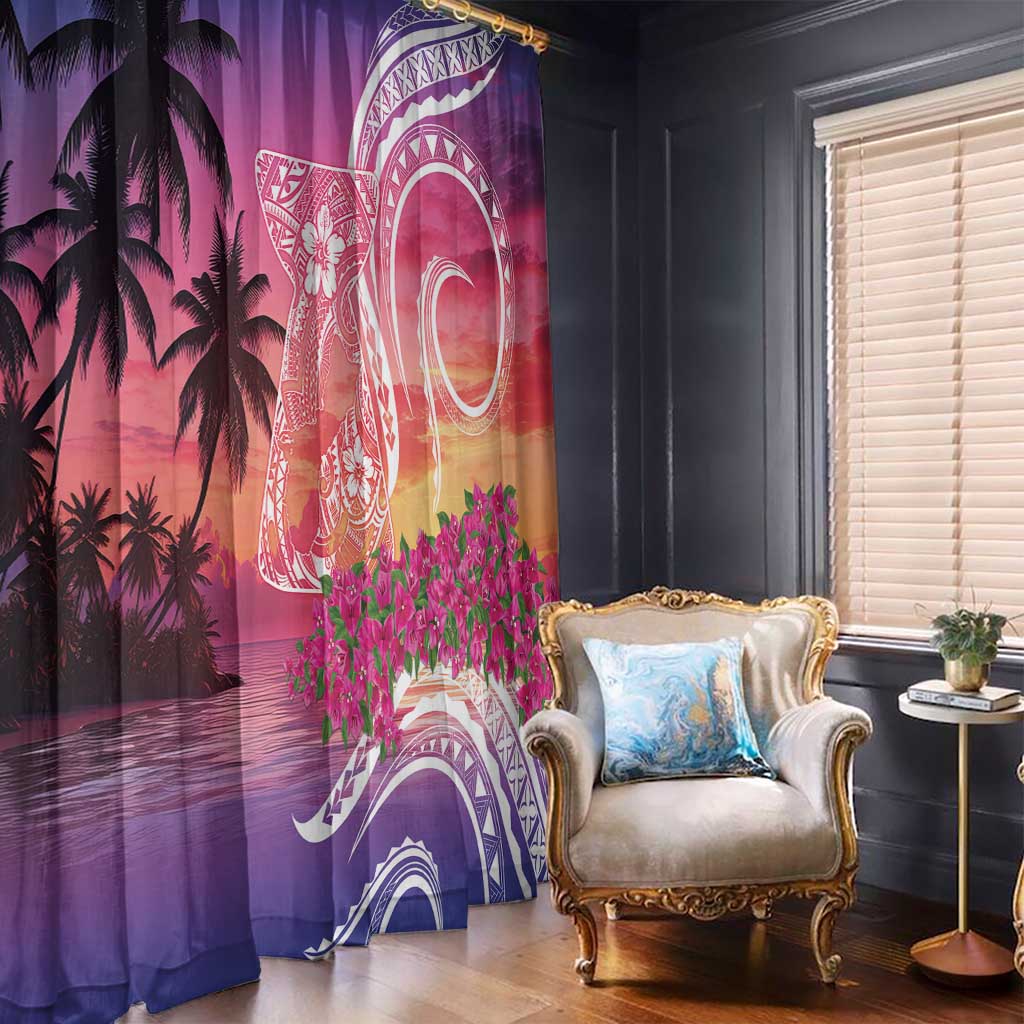 Guam Latte Stone with Map Window Curtain Bougainvillea Beach Sunset