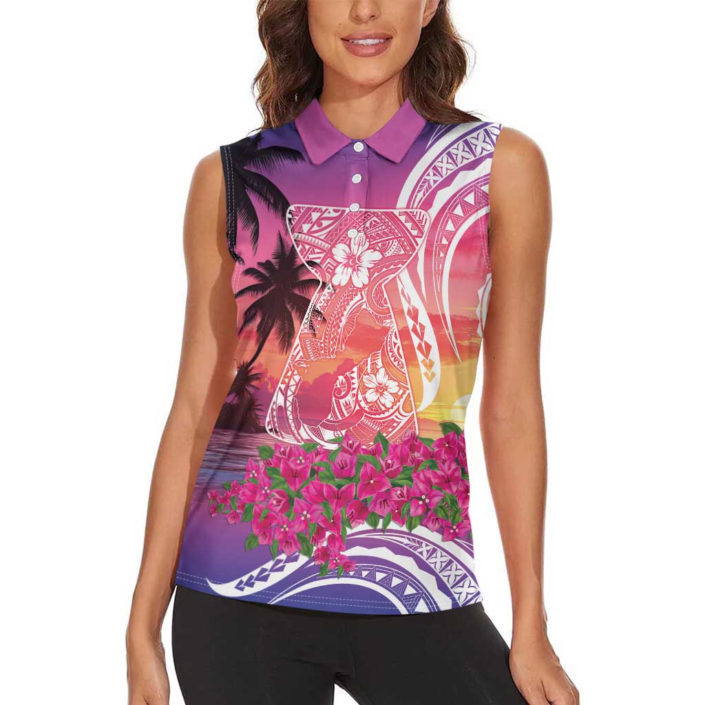 Guam Latte Stone with Map Women Sleeveless Polo Shirt Bougainvillea Beach Sunset