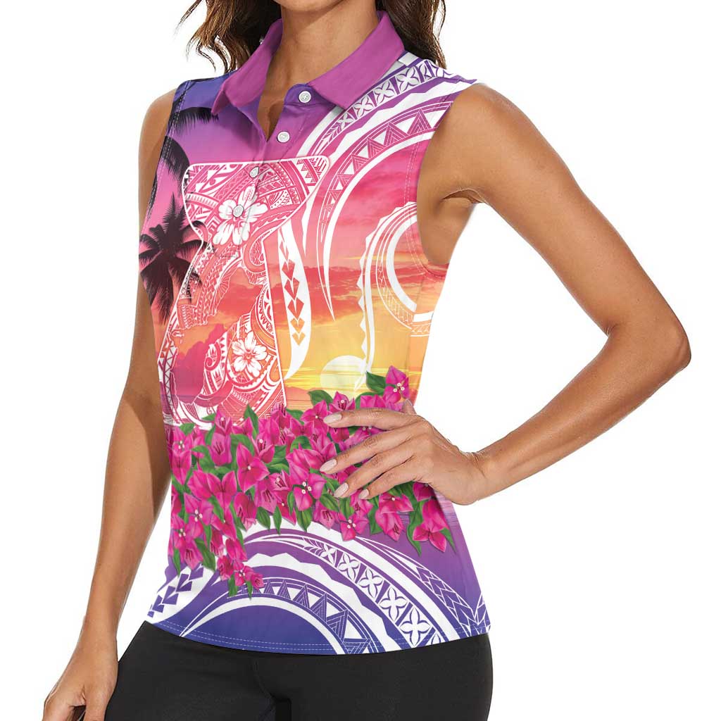 Guam Latte Stone with Map Women Sleeveless Polo Shirt Bougainvillea Beach Sunset