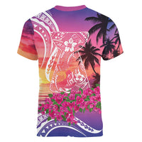Guam Latte Stone with Map Women V-Neck T-Shirt Bougainvillea Beach Sunset