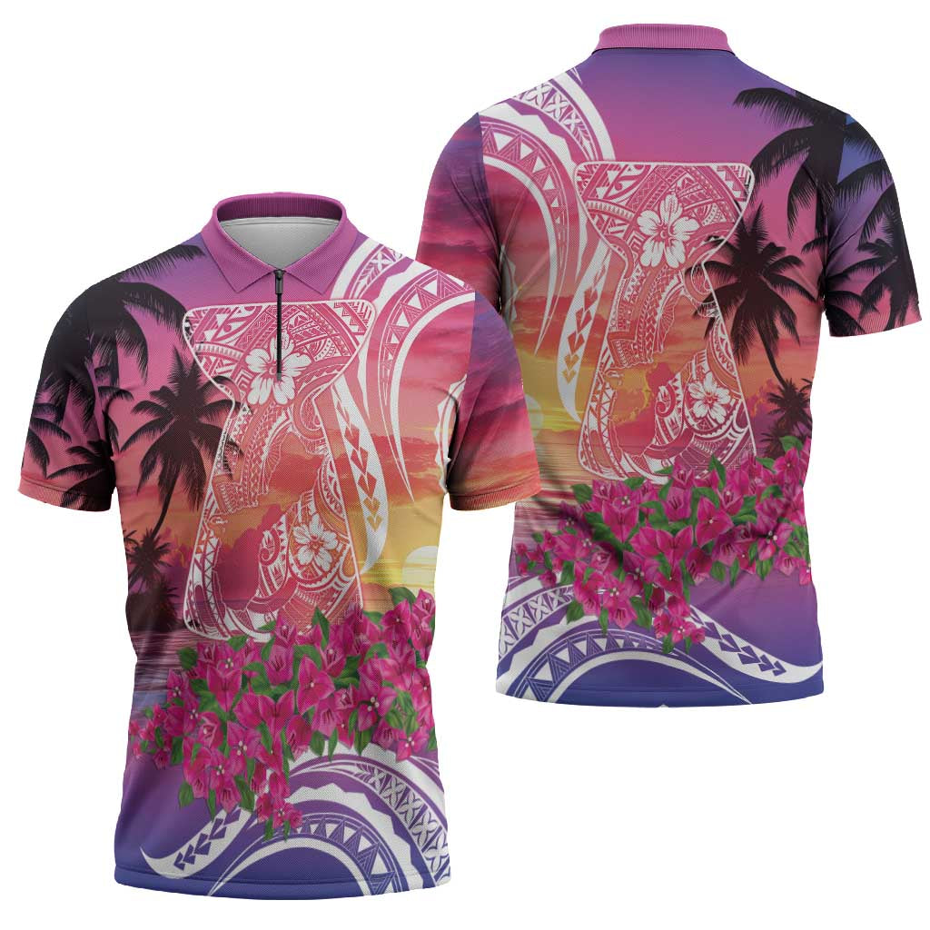 Guam Latte Stone with Map Zipper Polo Shirt Bougainvillea Beach Sunset - Polynesian Pride