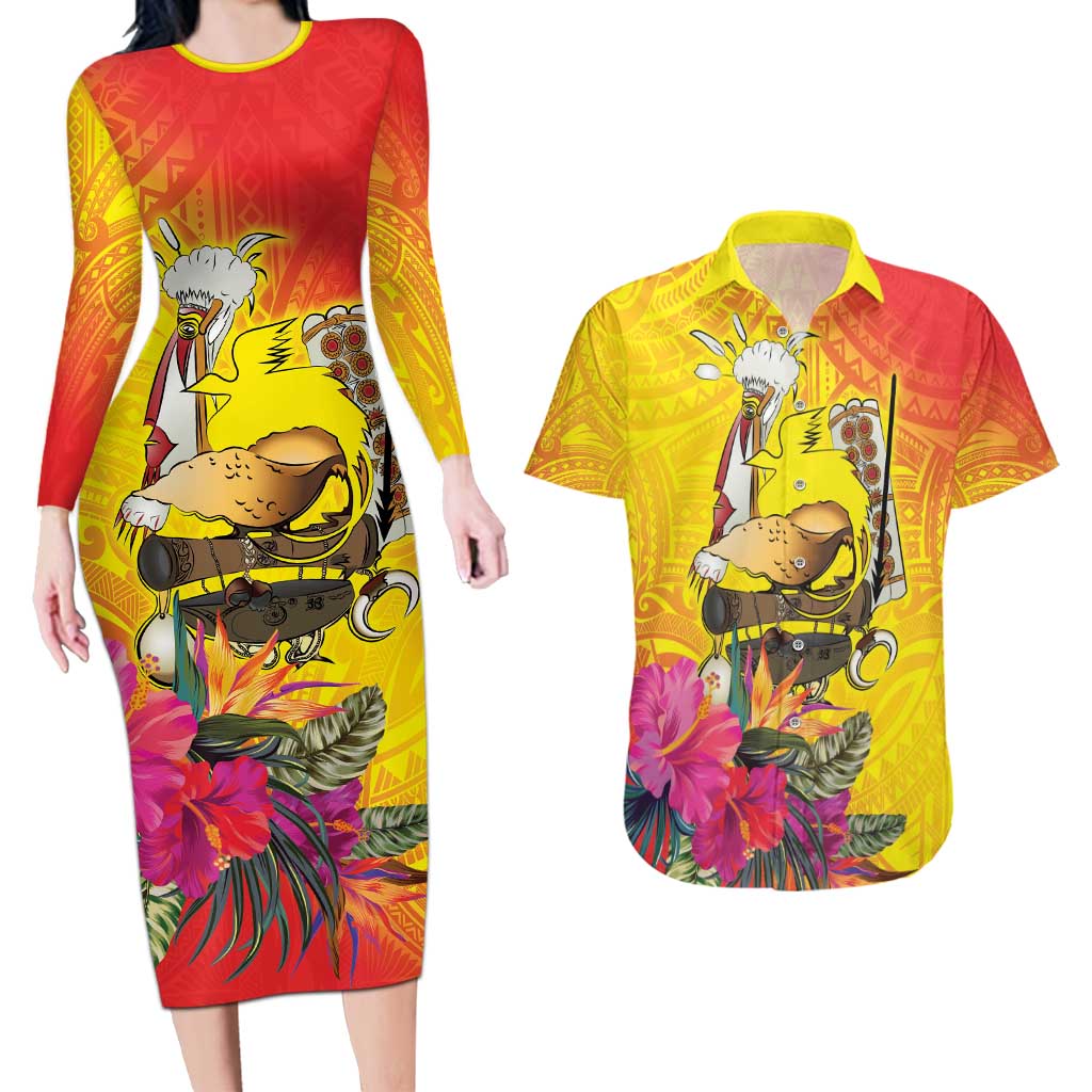Papua New Guinea Cultural Tropical Flowers Couples Matching Long Sleeve Bodycon Dress and Hawaiian Shirt