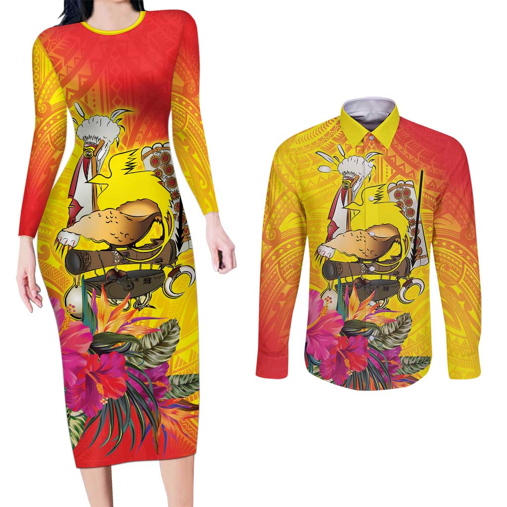 Papua New Guinea Cultural Tropical Flowers Couples Matching Long Sleeve Bodycon Dress and Long Sleeve Button Shirt LT9 Gold - Polynesian Pride