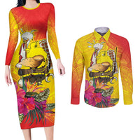 Papua New Guinea Cultural Tropical Flowers Couples Matching Long Sleeve Bodycon Dress and Long Sleeve Button Shirt LT9 Gold - Polynesian Pride