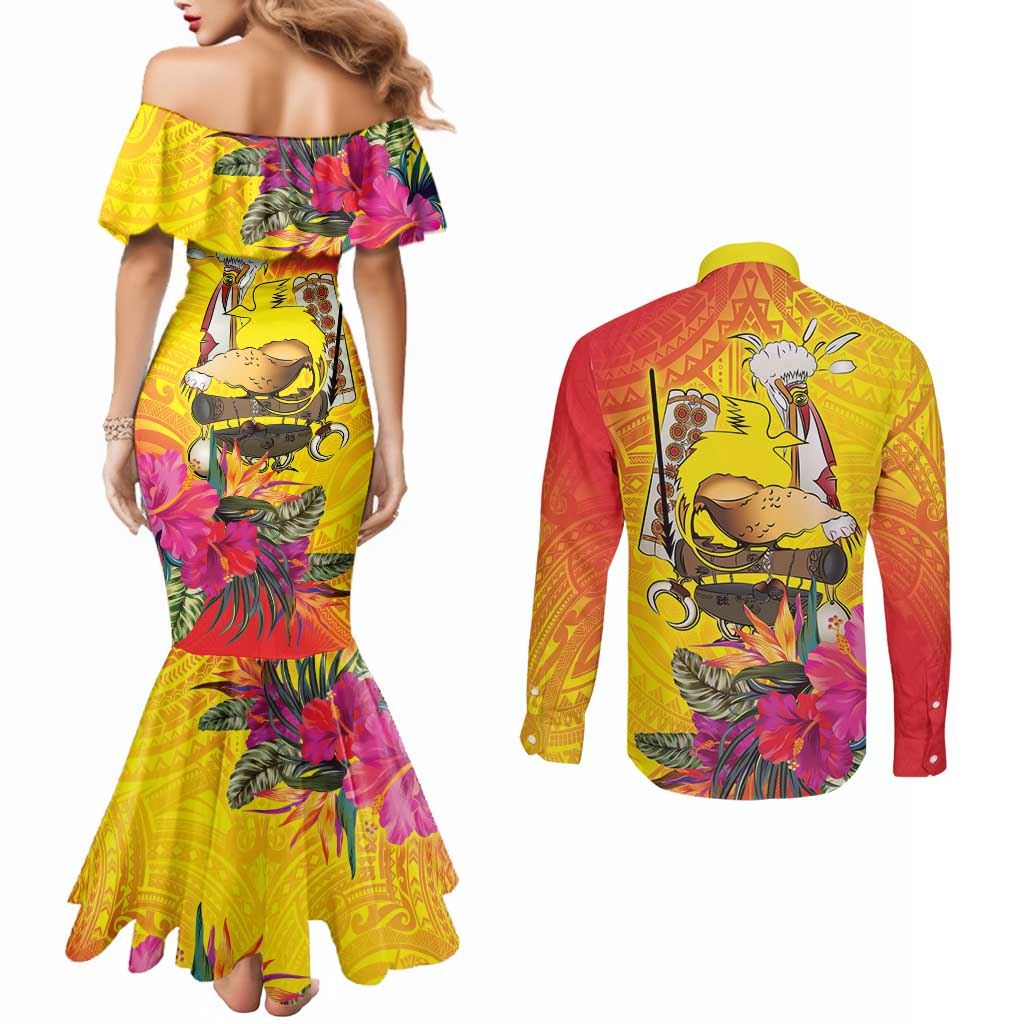 Papua New Guinea Cultural Tropical Flowers Couples Matching Mermaid Dress and Long Sleeve Button Shirt LT9 - Polynesian Pride