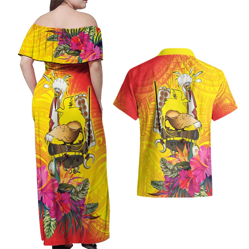 Papua New Guinea Cultural Tropical Flowers Couples Matching Off Shoulder Maxi Dress and Hawaiian Shirt