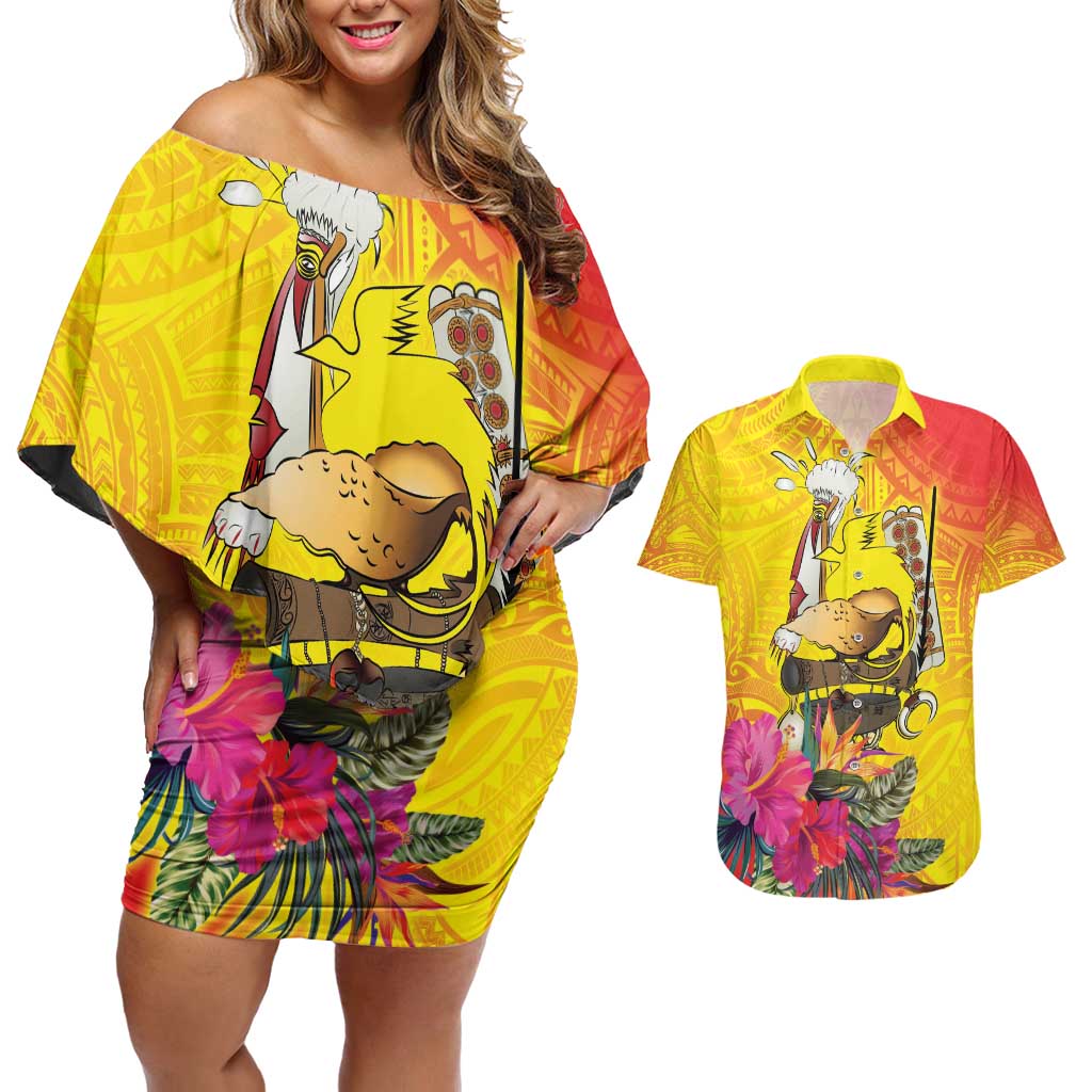 Papua New Guinea Cultural Tropical Flowers Couples Matching Off Shoulder Short Dress and Hawaiian Shirt