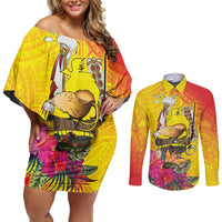Papua New Guinea Cultural Tropical Flowers Couples Matching Off Shoulder Short Dress and Long Sleeve Button Shirt LT9 Gold - Polynesian Pride