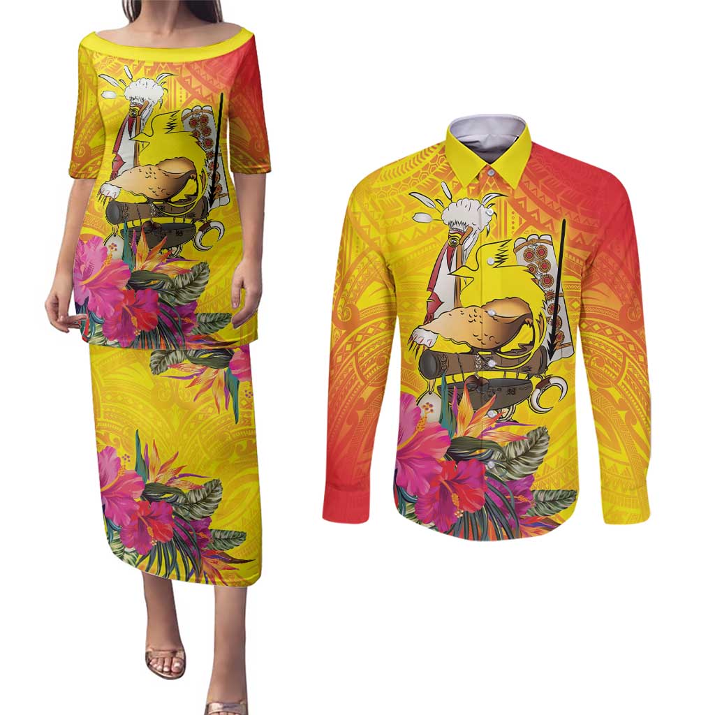 Papua New Guinea Cultural Tropical Flowers Couples Matching Puletasi and Long Sleeve Button Shirt LT9 Gold - Polynesian Pride