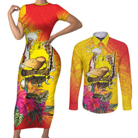 Papua New Guinea Cultural Tropical Flowers Couples Matching Short Sleeve Bodycon Dress and Long Sleeve Button Shirt LT9 Gold - Polynesian Pride