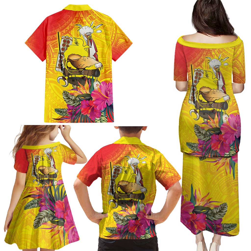 Papua New Guinea Cultural Tropical Flowers Family Matching Puletasi and Hawaiian Shirt