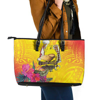 Papua New Guinea Cultural Tropical Flowers Leather Tote Bag