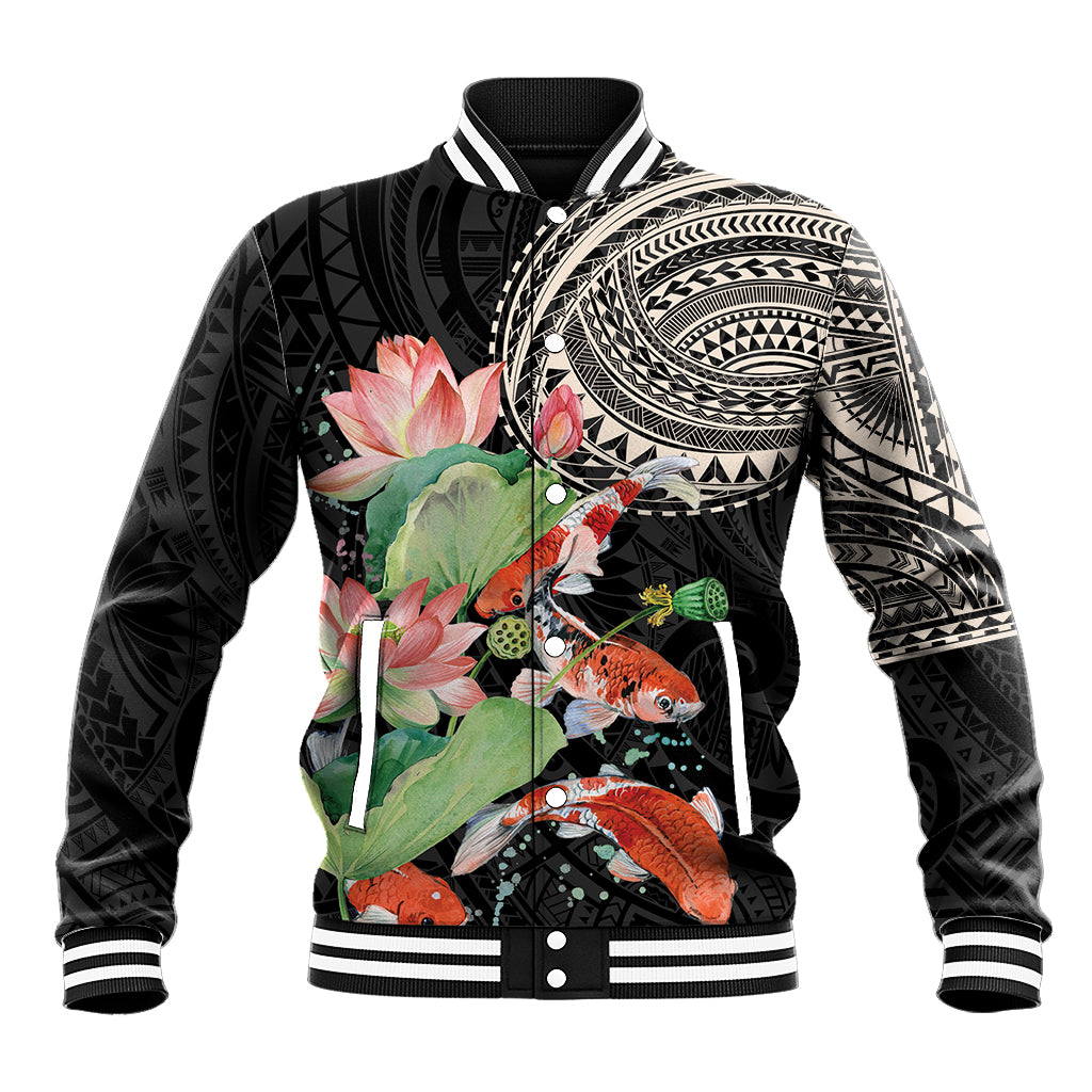 Personalized Japanese Koi Fish Baseball Jacket with Polynesian Pattern LT9 Unisex Black - Polynesian Pride