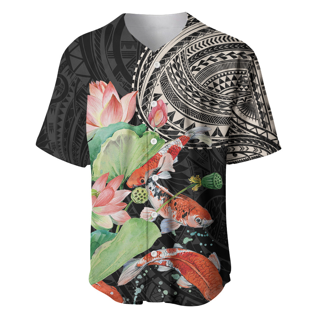 Personalized Japanese Koi Fish Baseball Jersey with Polynesian Pattern LT9 Black - Polynesian Pride