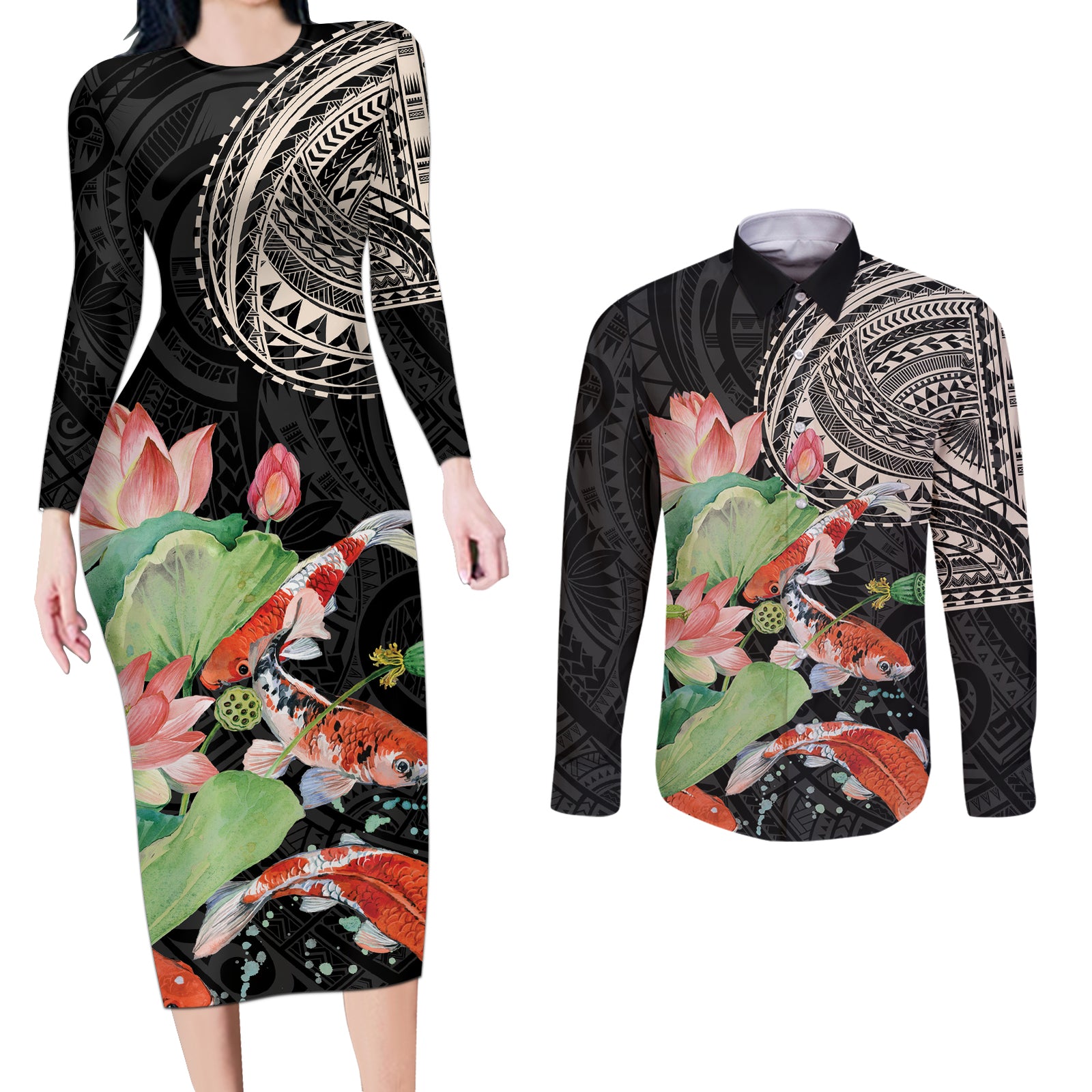 Personalized Japanese Koi Fish Couples Matching Long Sleeve Bodycon Dress and Long Sleeve Button Shirt with Polynesian Pattern LT9 Black - Polynesian Pride