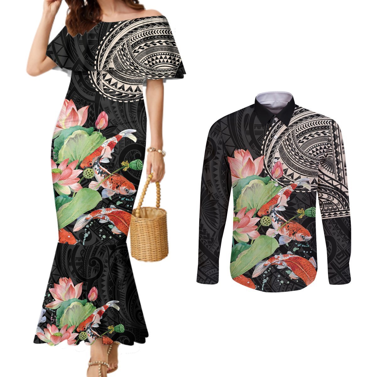 Personalized Japanese Koi Fish Couples Matching Mermaid Dress and Long Sleeve Button Shirt with Polynesian Pattern LT9 Black - Polynesian Pride