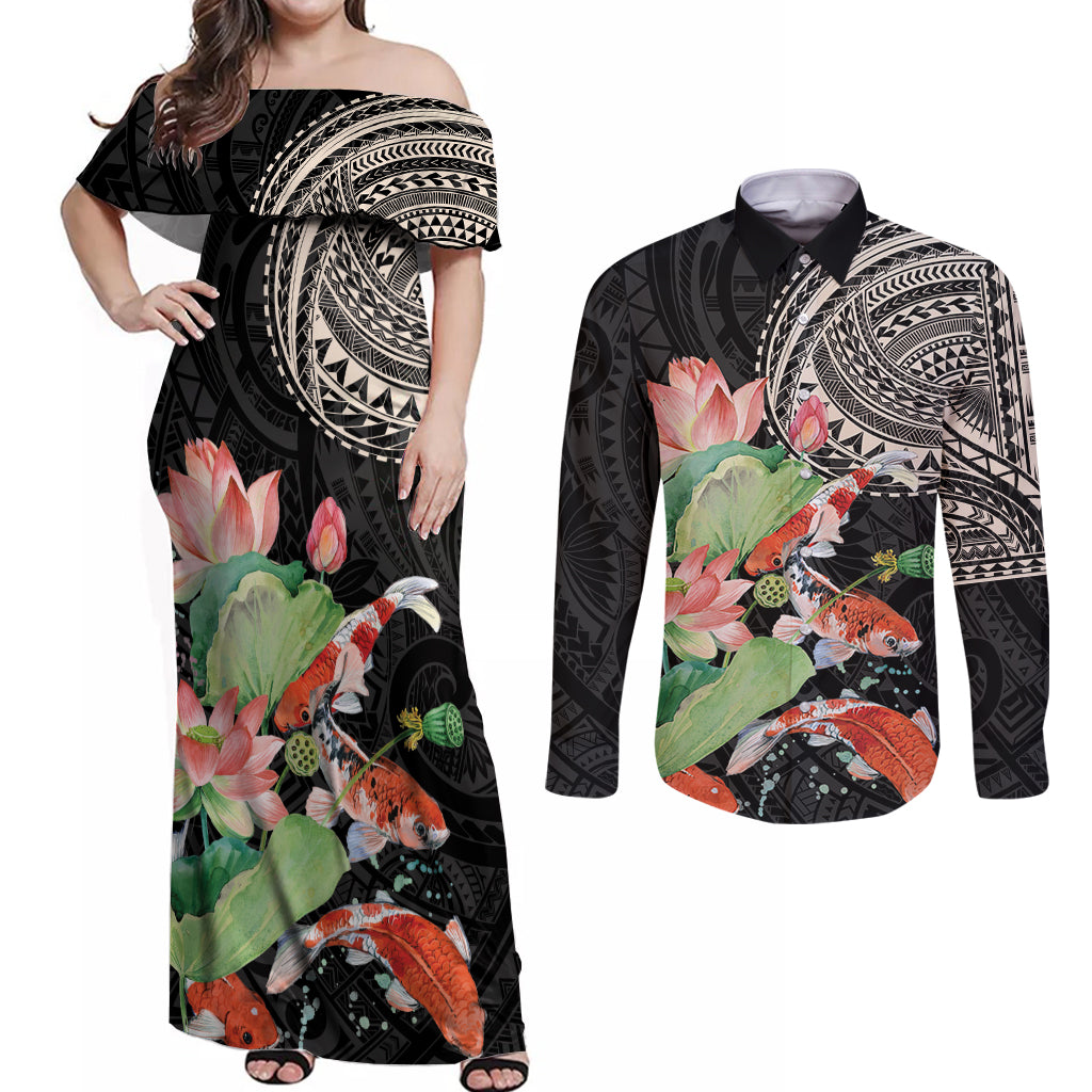 Personalized Japanese Koi Fish Couples Matching Off Shoulder Maxi Dress and Long Sleeve Button Shirt with Polynesian Pattern LT9 Black - Polynesian Pride