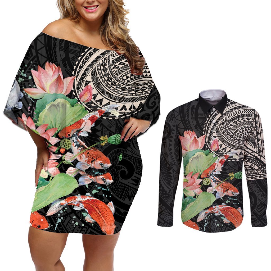 Personalized Japanese Koi Fish Couples Matching Off Shoulder Short Dress and Long Sleeve Button Shirt with Polynesian Pattern LT9 Black - Polynesian Pride