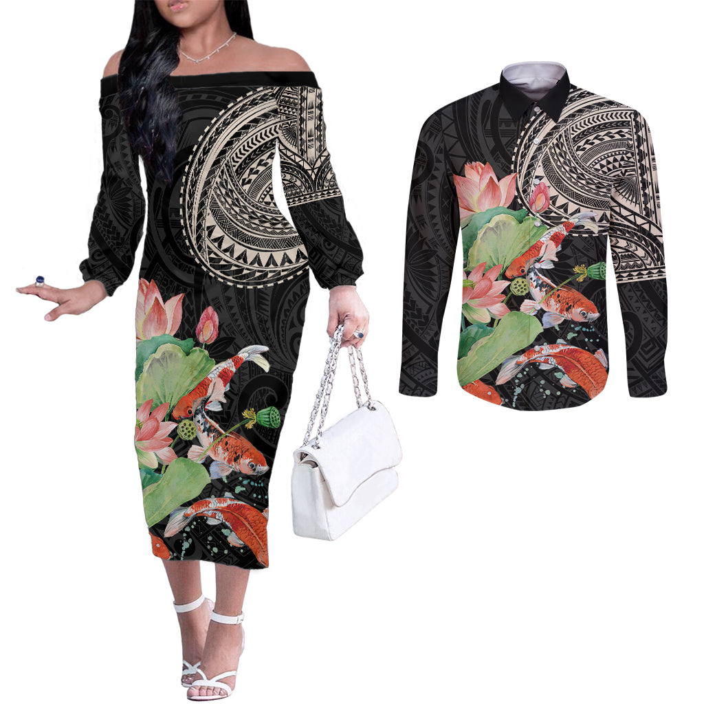 Personalized Japanese Koi Fish Couples Matching Off The Shoulder Long Sleeve Dress and Long Sleeve Button Shirt with Polynesian Pattern LT9 Black - Polynesian Pride