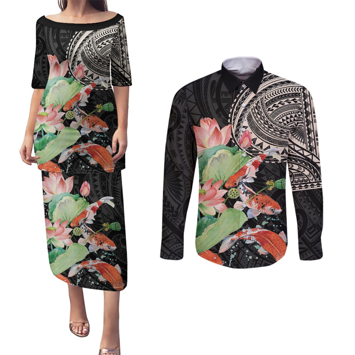 Personalized Japanese Koi Fish Couples Matching Puletasi and Long Sleeve Button Shirt with Polynesian Pattern LT9 Black - Polynesian Pride