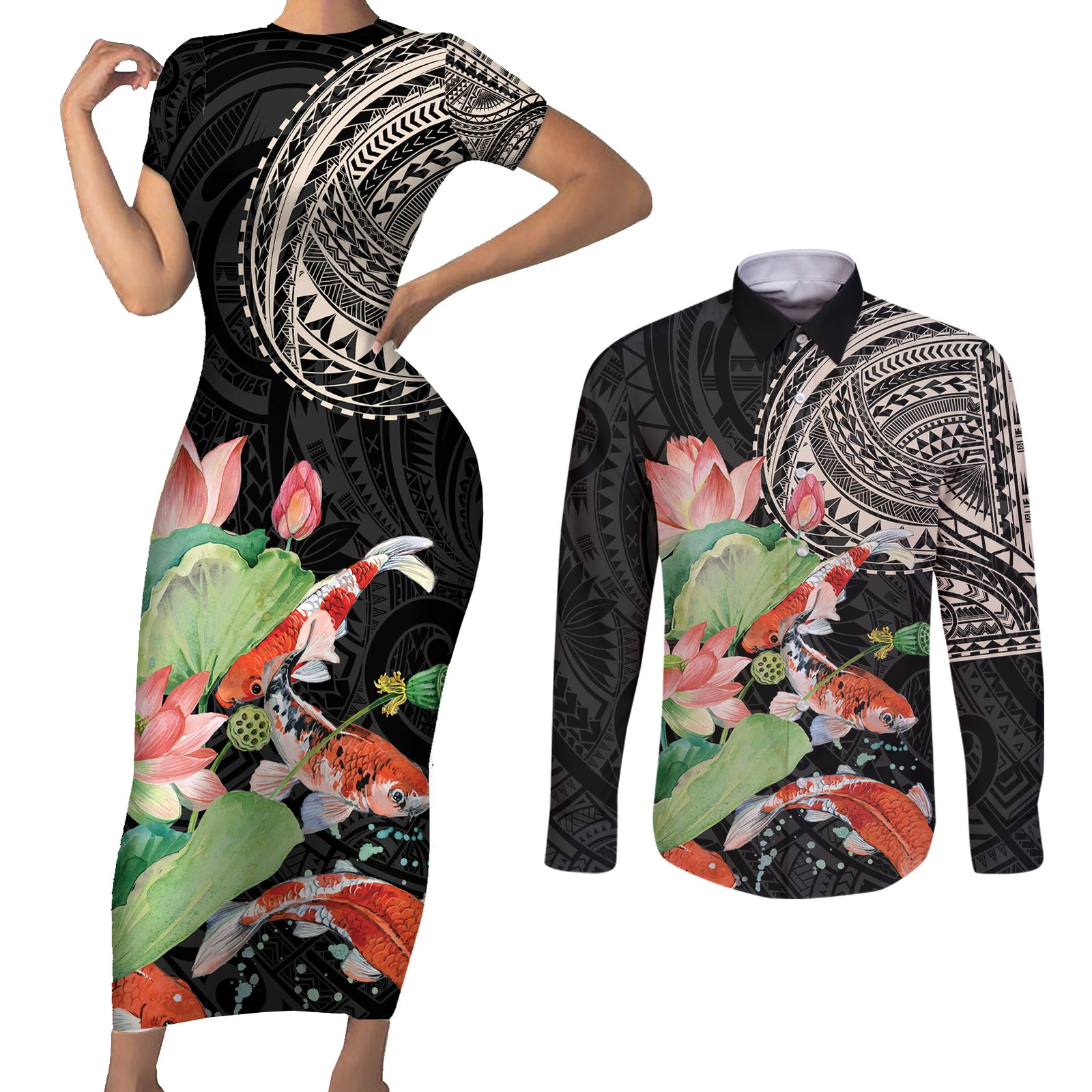 Personalized Japanese Koi Fish Couples Matching Short Sleeve Bodycon Dress and Long Sleeve Button Shirt with Polynesian Pattern LT9 Black - Polynesian Pride