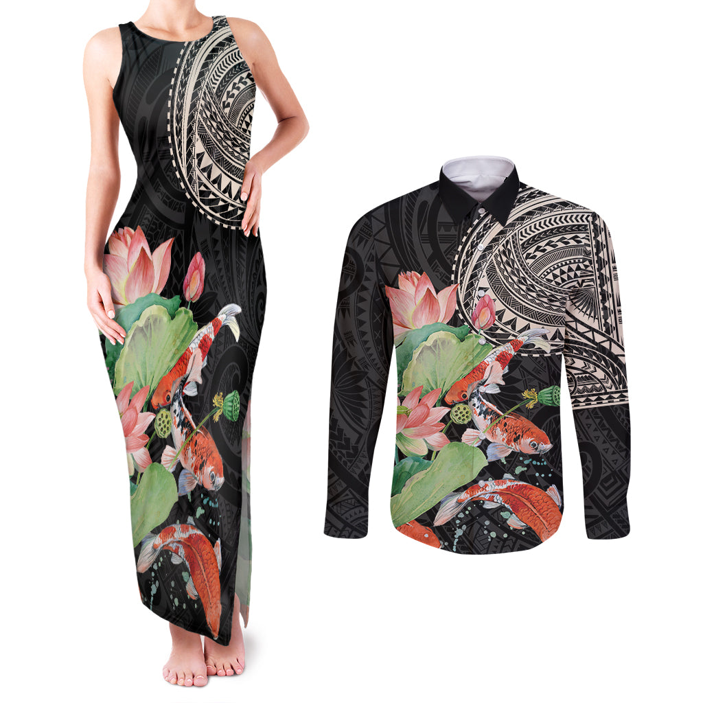Personalized Japanese Koi Fish Couples Matching Tank Maxi Dress and Long Sleeve Button Shirt with Polynesian Pattern LT9 Black - Polynesian Pride