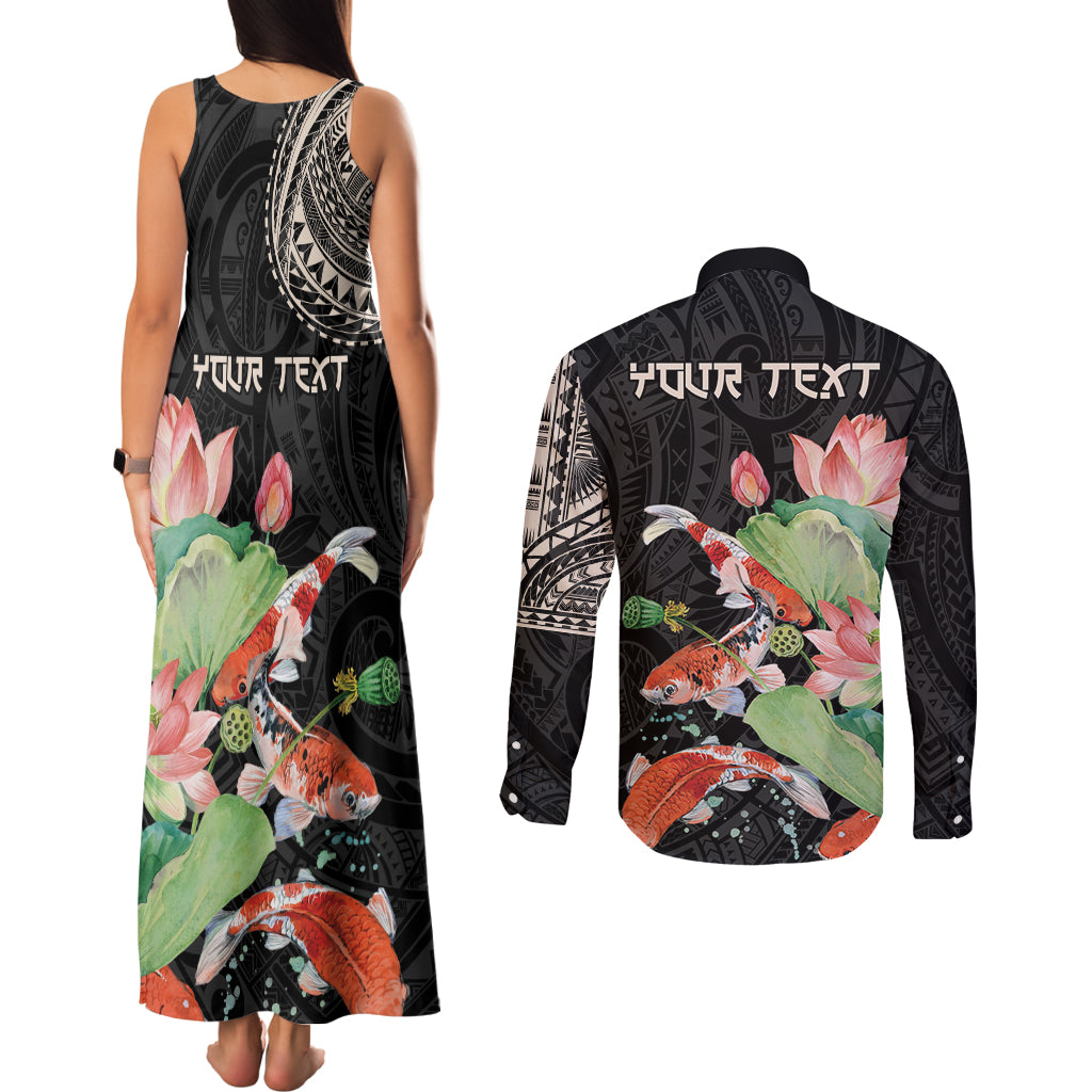 Personalized Japanese Koi Fish Couples Matching Tank Maxi Dress and Long Sleeve Button Shirt with Polynesian Pattern