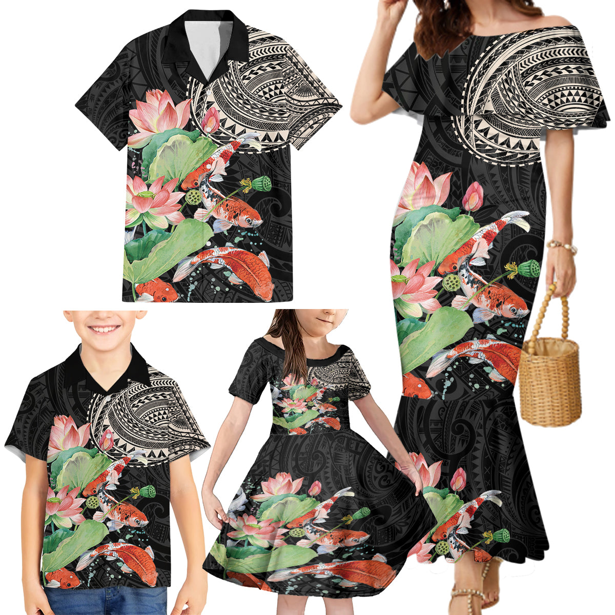Personalized Japanese Koi Fish Family Matching Mermaid Dress and Hawaiian Shirt with Polynesian Pattern LT9 - Polynesian Pride