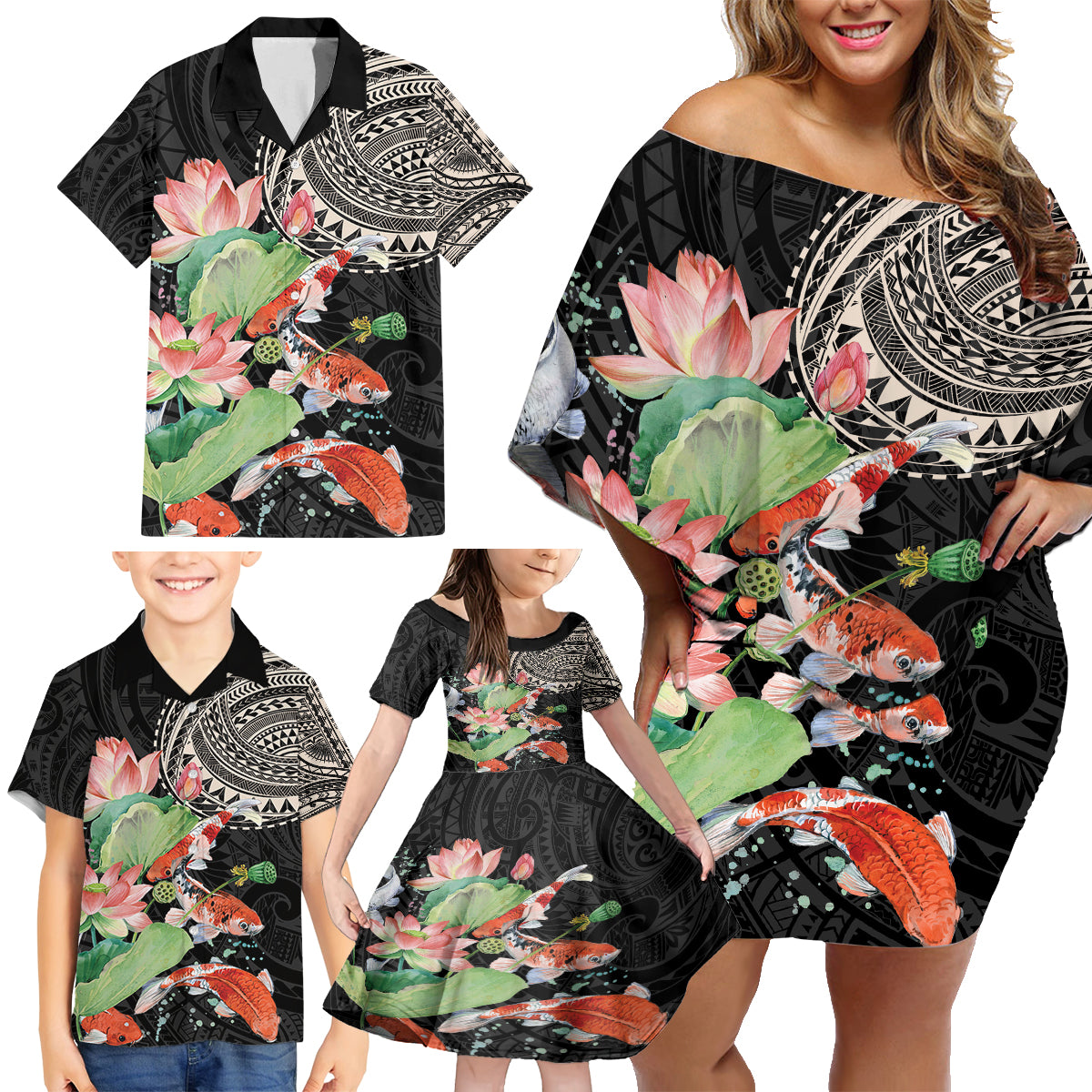 Personalized Japanese Koi Fish Family Matching Off Shoulder Short Dress and Hawaiian Shirt with Polynesian Pattern LT9 - Polynesian Pride