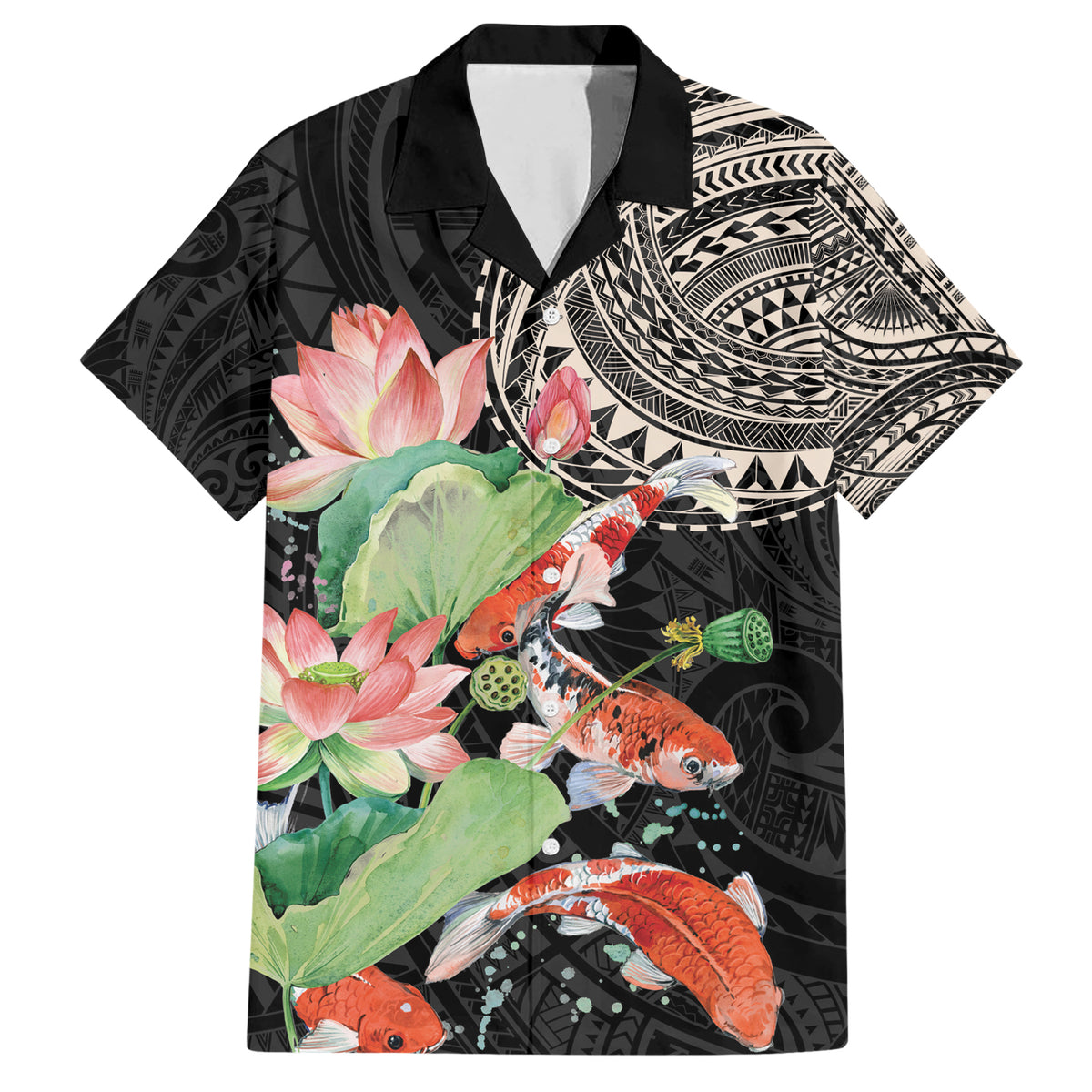 Personalized Japanese Koi Fish Family Matching Short Sleeve Bodycon Dress and Hawaiian Shirt with Polynesian Pattern LT9 Dad's Shirt - Short Sleeve Black - Polynesian Pride